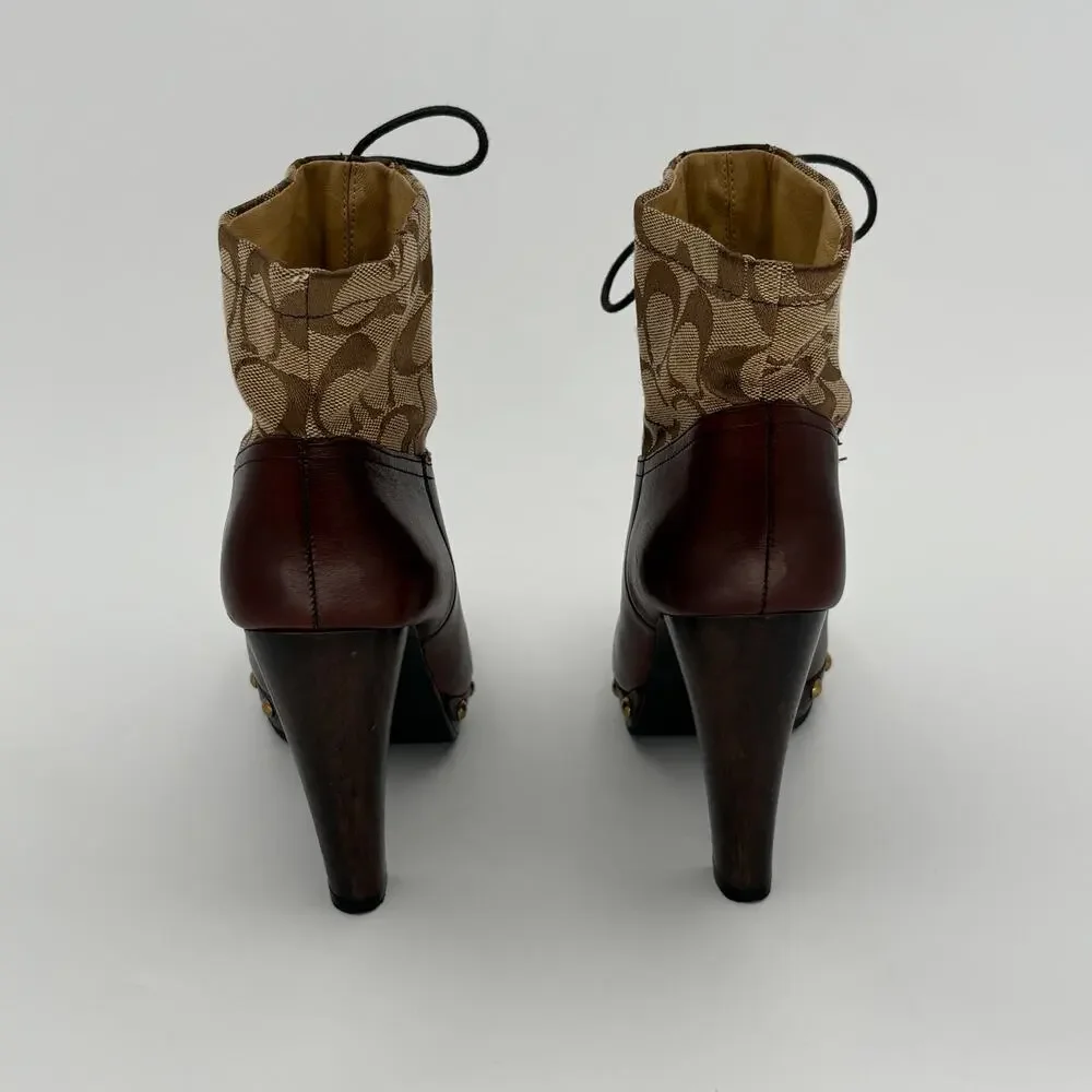 Coach F2370 Ediva Monogram Lace Up Block Heel Booties Brown Leather Size 9